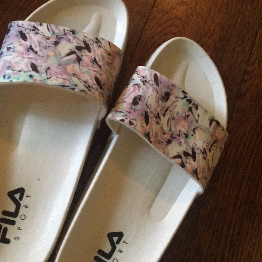 NEVER WORN fils white and fun patterned slides